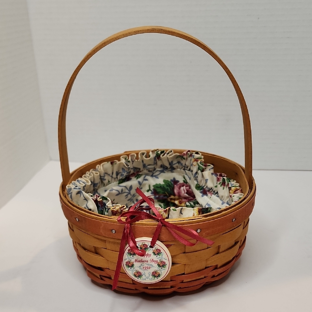 Longaberger Mothers Day Handwoven 1998 Basket Natural Brown W/ Floral Liner